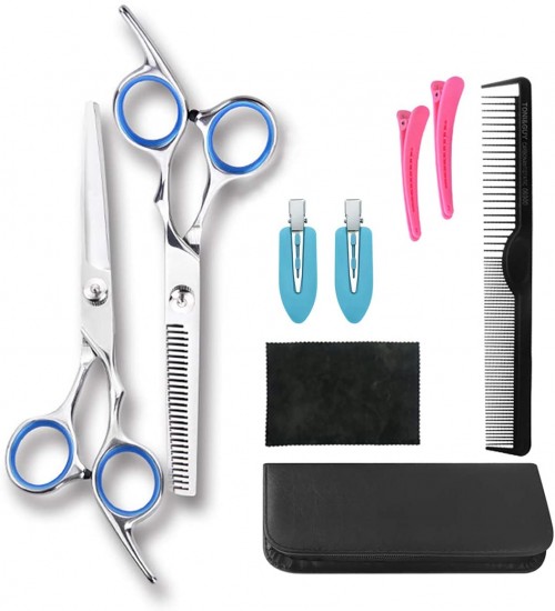 Hair Cutting Scissors Kit 9 PCS Stainless Steel Haircut Shears Set with Trimming Scissors-Thinning Scissor-Comb-Hair Clip (Blue)