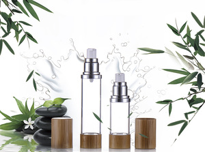 BDPAK bamboo cosmetic packaging airless pump bottle plastic bamboo cap clear Body cosmetic bottles for facial cream