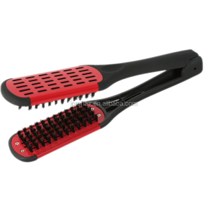 Hair Straightening Comb Double Sided Bristle Brush Clamp Straightener