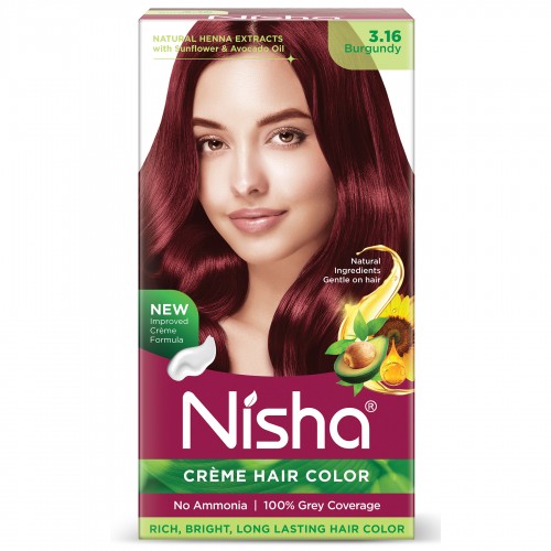 Nisha Creme Hair Color for Women - Burgundy, 60g+60ml, Long-lasting, 100% Grey Coverage Permanent Hair Colour for Soft, Shiny, Healthy Hair