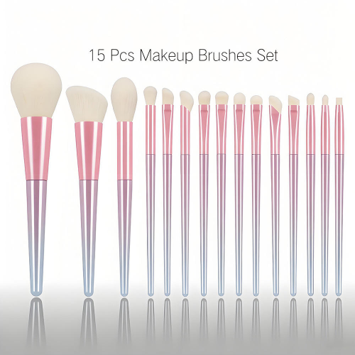 Factory Wholesale 15 Pcs Gradient Pink Purple Makeup Brush Set Private Label Soft White Synthetic Hair Face Eye Cosmetic Brushes