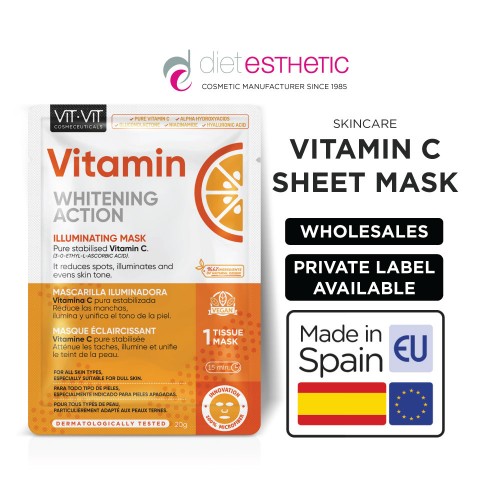 Vitamin C Sheet Mask, Illuminating Mask With Pure Stabilised Vitamin C. Reduces Spots, Iluminates and evens skin tone. Dull Skin. Wholesales and Private Label Available