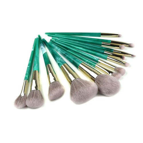 Factory Wholesale 11 Pcs Emerald Green Marble Makeup Brush Set Private Label Soft Synthetic Hair Gold Ferrule Face Eye Cosmetic Brushes