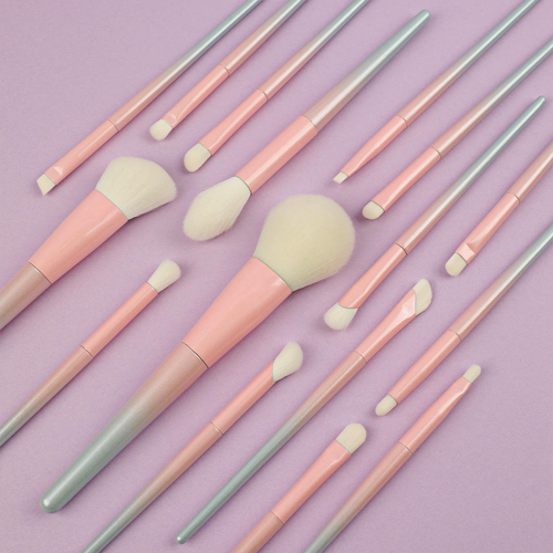 Factory Wholesale 15 Pcs Gradient Pink Purple Makeup Brush Set Private Label Soft White Synthetic Hair Face Eye Cosmetic Brushes