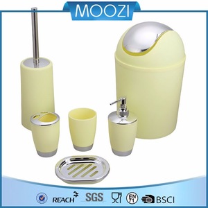 6 Piece Plastic Bath Accessory Bathroom Set, MOOZI Lotion Dispenser,Toothbrush Holder,Tumbler Cup,Soap Dish, Trash Can,Toilet Br