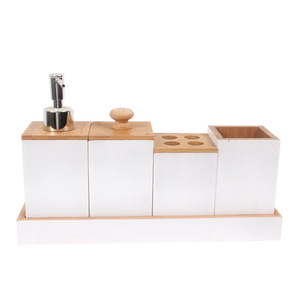 Supply Bamboo Bathroom Accessories Bath Caddy Set Includes Pump Soap Dispenser, Toothebrush Holder