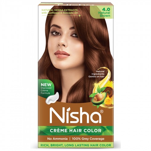 Nisha Creme Hair Color for Women - Natural Brown, 60g+60ml, Long-lasting, 100% Grey Coverage Permanent Hair Colour for Soft, Shiny, Healthy Hair