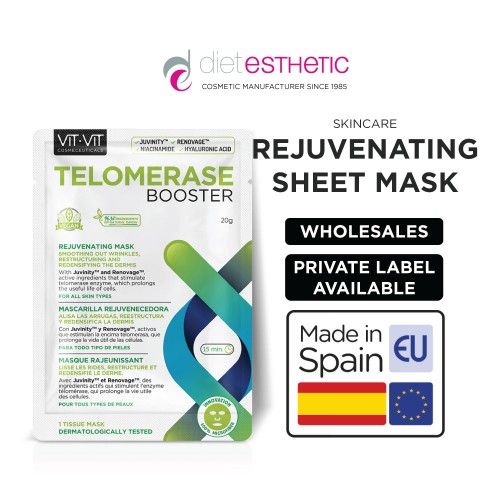 Microfiber Rejuvenating Mask Telomerase Booster. Smoothing out Wrinkles, Reestructuring and Redensifying the dermis. With Juvinity, Renovage, Niacinamide and Hyaluronic Acid. Prolongs the useful life of cells. Antiaging Mask. Vegan Sheet Mask Wholesales Private Label