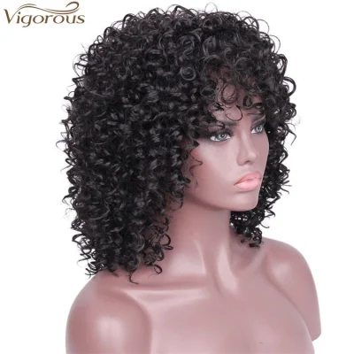 Black Color Short Afro Kinky Curly Wigs with Bangs Synthetic