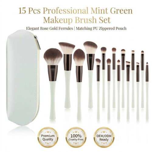 Professional 15 Pcs Mint Green Makeup Brush Set Vegan Synthetic Brushes Make up Set Private Label Makeup Brushes Set with Bag