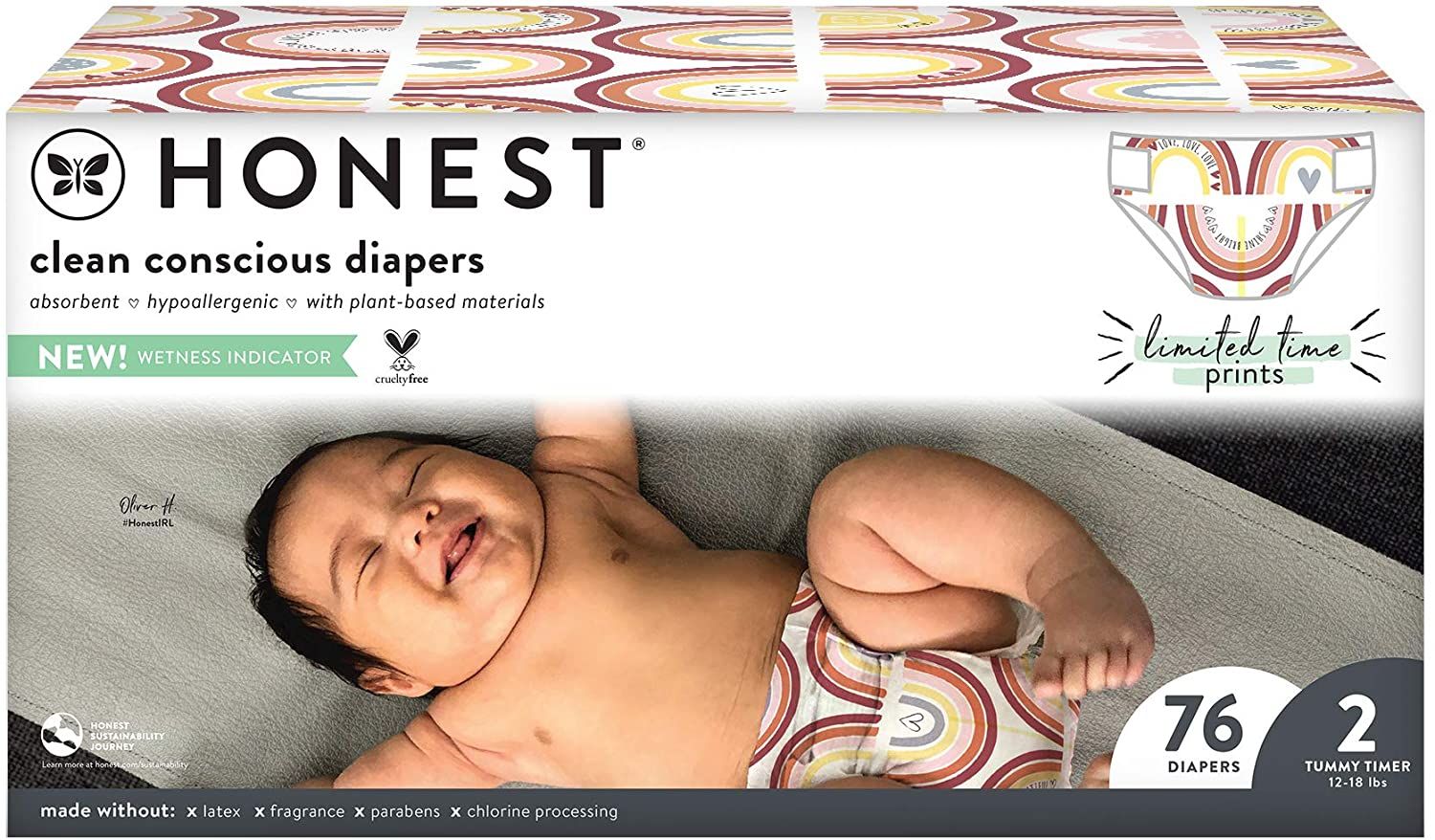 HONEST Club Box, Clean Conscious Diapers, Spring Seasonal - Catching Rainbows, Size 2, 76 Count