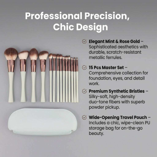 Professional 15 Pcs Mint Green Makeup Brush Set Vegan Synthetic Brushes Make up Set Private Label Makeup Brushes Set with Bag