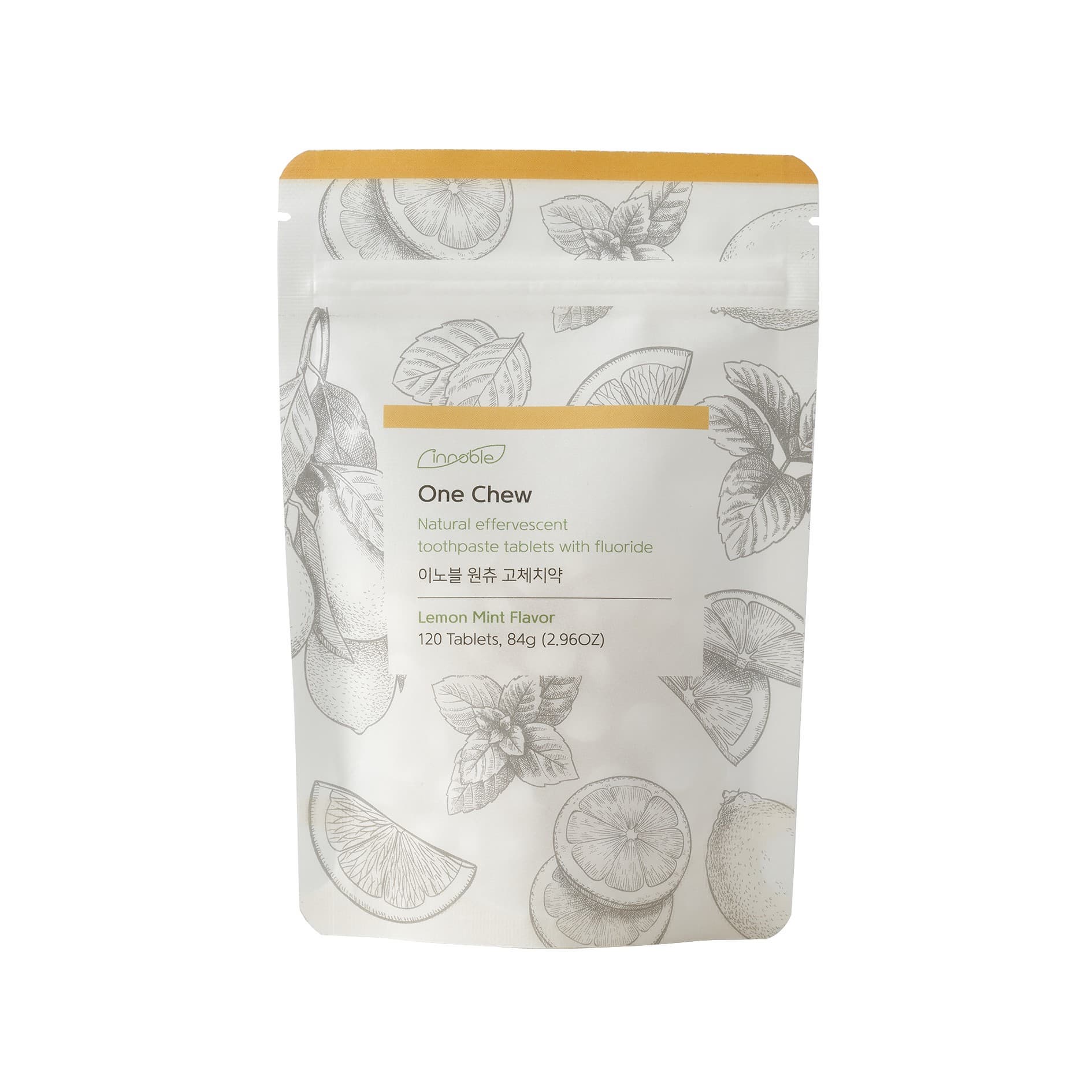 Innoble One Chew Toothpaste Tablets with Fluoride - Natural Effervescent Lemon Mint Flavor 