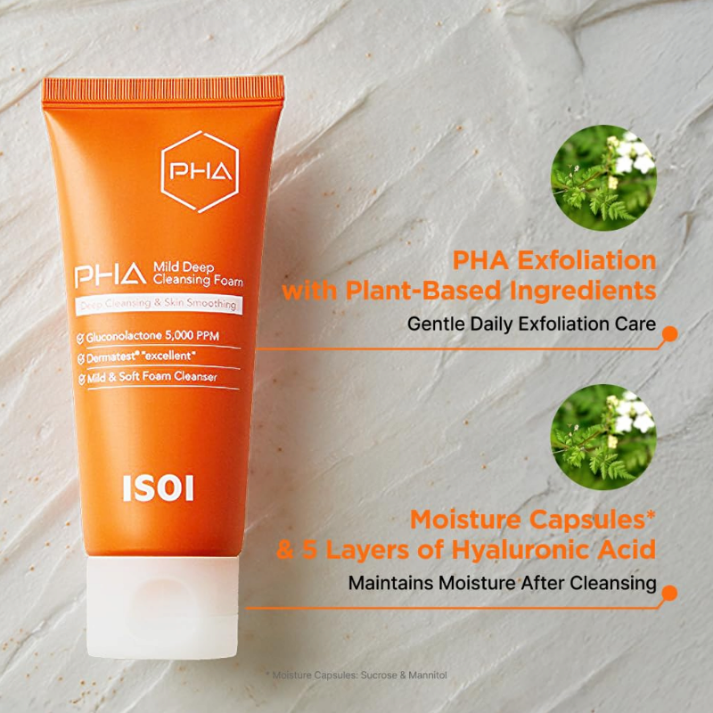 ISOI PHA Mild Deep Cleansing Foam Gentle Daily Exfoliating Cleanser with Hydrating PHA Formula 