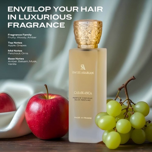 Swiss Arabian Casablanca Hair Fragrance Spray 1.7 oz – Shine-Enhancing, Vitamin E & UV-Protected Mist with Apple, Grapes & Musk