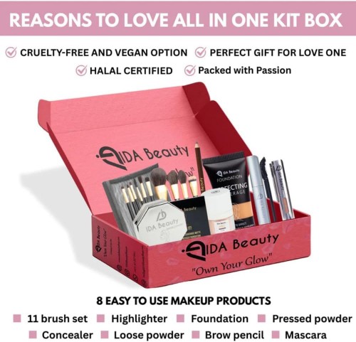 IDA Beauty Clean Beauty Combo Set – All-in-One Makeup Kit for Women - makeup set with Foundation, Brushes, Lipstick, Eyeshadow, Eyeliner – Full Face Gift Box for Daily & Party Use