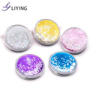 Free sample glitter liquid custom logo round gold portable small cute compact pocket mirror