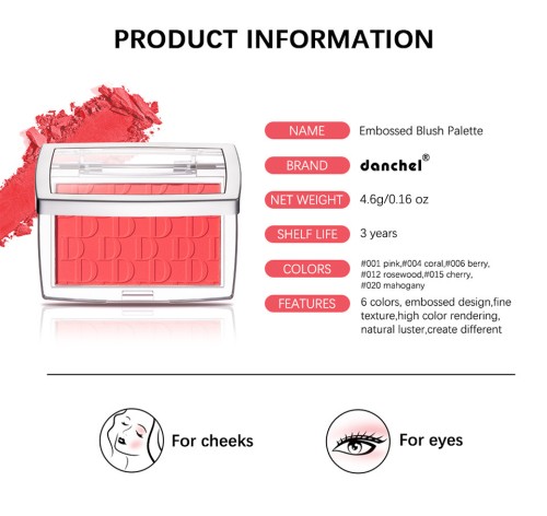 Danchel Embossed Matte Blush Palette, 6 Shades Pink Rose Blush Powder, Long Lasting Natural Brighten Skin Tone Daily Makeup Blush for Women