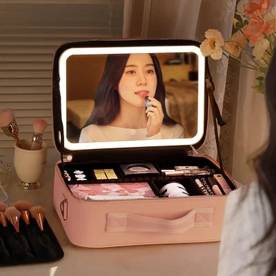 Touch Sensor Mirror Table Make up Bag Multifunctional Cosmetic Makeup Organizer Jewelry Storage Box with LED Light Mirror