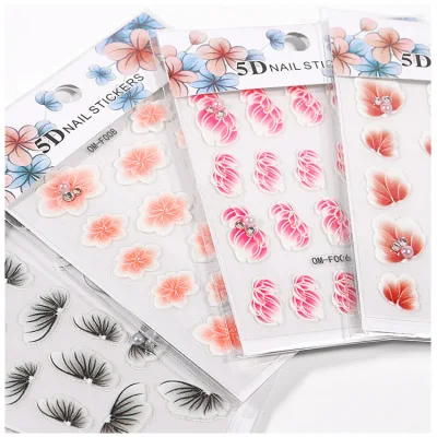 Nail Embossed Stickers 5D Nail Art Stickers Flower Design Embossed Nail Decal with Pearls Manicure Stickers for Party Supplies