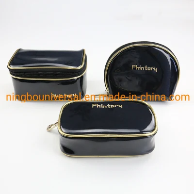 Wholesale Luxury Black Shiny PU Toiletry Cosmetic Bag Travel Bag