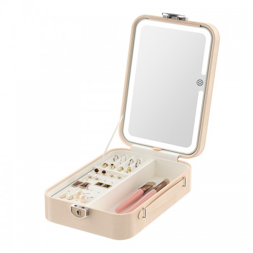 Customizable Travel Jewelry Storage Box Cosmetic Bag Built-In Touch-Controlled Rechargeable LED Desktop Makeup Mirror