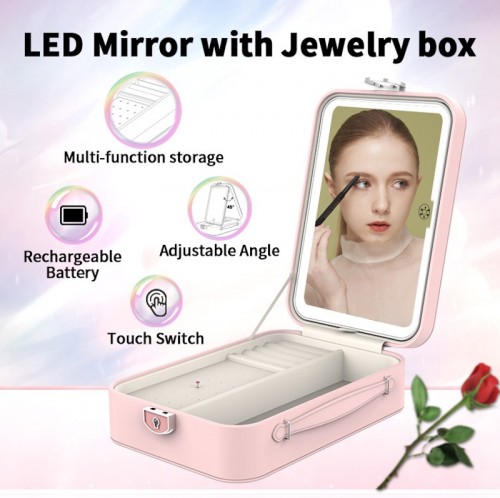 Customizable Travel Jewelry Storage Box Cosmetic Bag Built-In Touch-Controlled Rechargeable LED Desktop Makeup Mirror