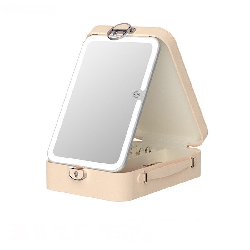 Customizable Travel Jewelry Storage Box Cosmetic Bag Built-In Touch-Controlled Rechargeable LED Desktop Makeup Mirror