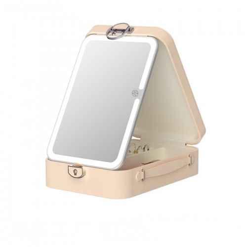 Customizable Travel Jewelry Storage Box Cosmetic Bag Built-In Touch-Controlled Rechargeable LED Desktop Makeup Mirror
