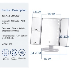 Three tri fold makeup desktop make up led vanity lighted mirror 1x 2x 3x Magnification, Touch Screen Switch