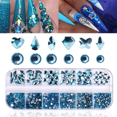 12 Grid Flat Bottom Shaped Diamond Crystal Glass Drill Nail Art Set