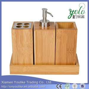 4 Piece Bamboo accessory Caddy Bath Set with tray for bathroom