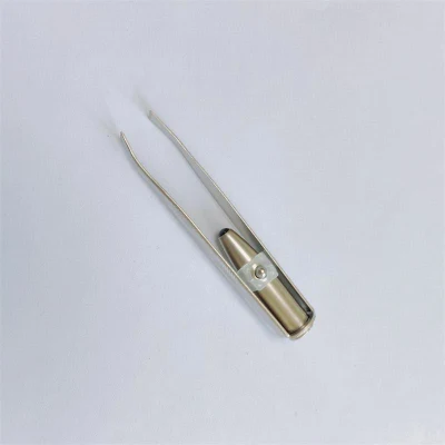Custom Makeup Pearl Bright Nickel Plating Beauty Eyebrow Tweezers with LED Light and Non-Slip PVC Film
