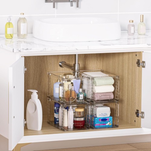 Large Stackable Storage Drawers,Easily Assemble Acrylic Bathroom Closet Undersink Organizers and Storage,Plastic Bins for Kitchen Cabinets,Pantry,Makeup,Medicine Organization