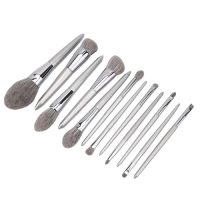 14PCS Silver Color Handle Grey Synthenic Hair Makeup Brushes Set Private Label Foundation Set