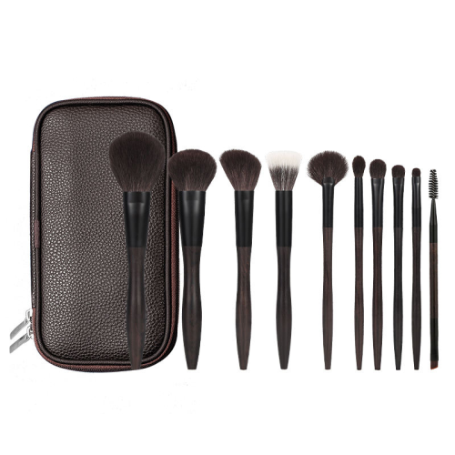 Custom Logo OEM 10Pcs Ebony Wood Handle Makeup Brush Set with PU Leather Travel Pouch Matte Black Ferrule Beauty Tools Manufacturer