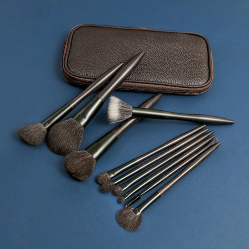 Custom Logo OEM 10Pcs Ebony Wood Handle Makeup Brush Set with PU Leather Travel Pouch Matte Black Ferrule Beauty Tools Manufacturer