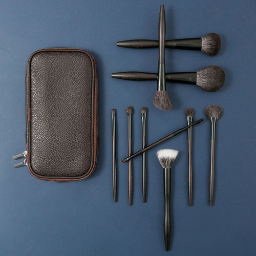 Custom Logo OEM 10Pcs Ebony Wood Handle Makeup Brush Set with PU Leather Travel Pouch Matte Black Ferrule Beauty Tools Manufacturer