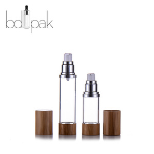 BDPAK bamboo cosmetic packaging airless pump bottle plastic bamboo cap clear Body cosmetic bottles for facial cream