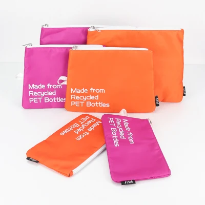 Custom Design Letter Print Flat Zipper RPET Fabric Cosmetic Makeup Pouch Bag