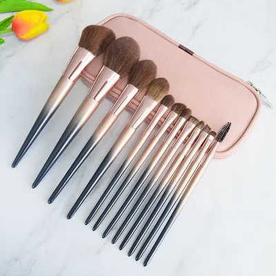 Gradient Color Handle Make up Cosmetic Brush Foundation Blending Blush Concealer Eye Shadow, Cruelty-Free Synthetic Fiber Bristles 12PCS in One Bag