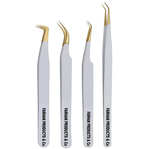 Set of 4 Diamond Grip Eyelash Extensions Tweezers Japanese Stainless Steel Lash Tweezer (White)