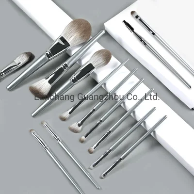 Premium Silver Color Handle 14PC Cosmetics Brush Set Soft Cruelty Free Synthetic Powder Cheek Color Contour Eye Flat Brush with Cosmetic Packaging