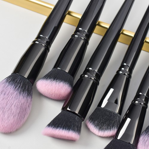 0pcs Professional Makeup Brush Set with Ombre Pink Bristles Glossy Black Handle Cosmetic Brushes for Private Label OEM