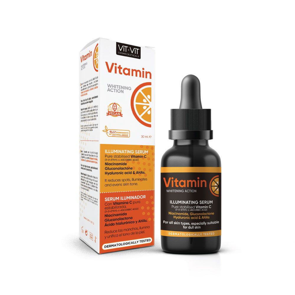 Vitamin C Serum 30ml: An illuminating serum with Vitamin C, Niacinamide, and Hyaluronic Acid, suitable for dull skin. Skincare Vegan Serum with 96% Natural Ingredients. Wholesales and Private Label Available Laboratorios Diet Esthetic