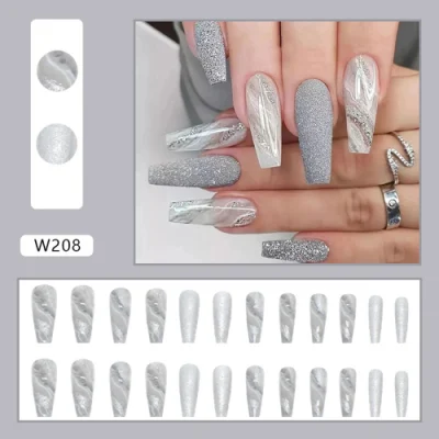 Long Coffin Shape Fake Nail Tips Sliver Glitter Powder Light Artificial Fingernails