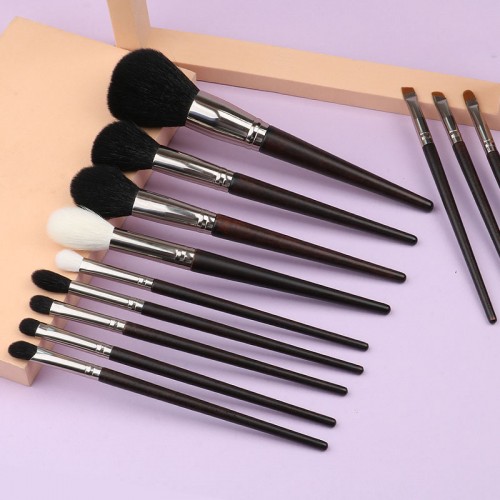 12-Piece Natural Hair Makeup Brush Set with Leather Case – Professional Goat Hair Cosmetic Brushes