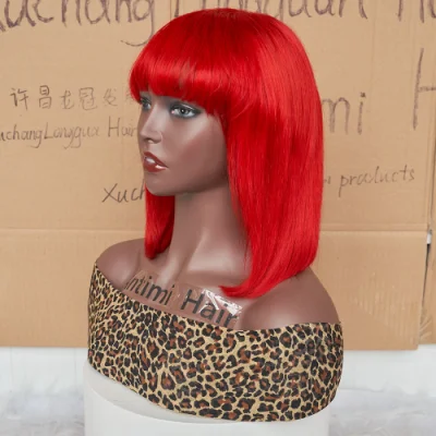 Longguan Factory Wholesale Hot Selling 100 Human Hair 12-Inches Red# Bangs Bob Machine Made No Lace Wigs