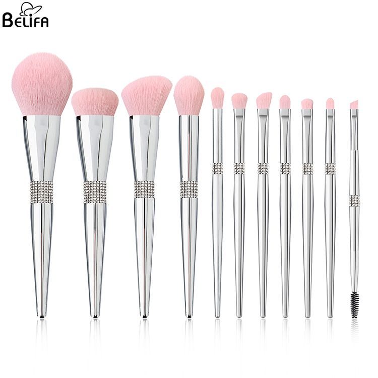 Wholesale custom logo 11pcs glitter cosmetic cleaner brush holder diamond package box for luxury bling silver makeup brush set