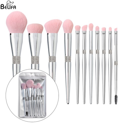 Wholesale custom logo 11pcs glitter cosmetic cleaner brush holder diamond package box for luxury bling silver makeup brush set